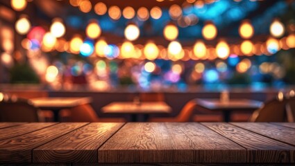 Poster - Wooden table image with a backdrop of abstract blurred lights.