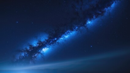 a panoramic view of a blue night sky adorned with stars over a dark setting.