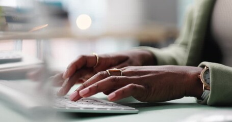 Poster - Business person, hands and typing for email, spreadsheet and proposal or application for office work on keyboard. Woman, online and technology with task for drafting, digital notes and report