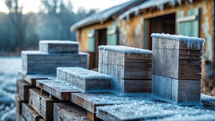 Wall Mural - Wooden blocks and planks covered in frost in a countryside landscape, highlighting the charm of winter mornings and detailed frost designs