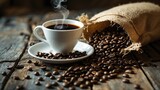 Cup of coffee placed on the table beside coffee beans.