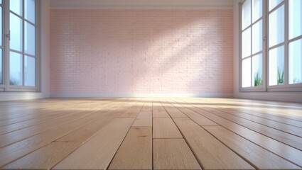 Poster - Vacant wooden flooring against a pastel pink brick wall
