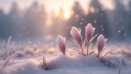 Poster - Winter nature scenery featuring dry flowers adorned with snow crystals of hoarfrost.