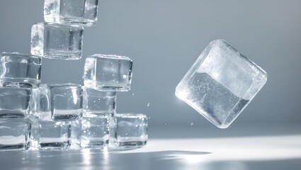 Poster - Isolated ice cube falling against a background, with a clipping path and complete depth of field