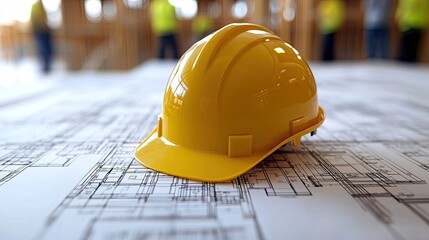 Yellow hard hat rests on construction blueprints.