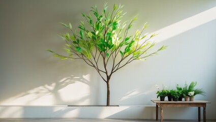 Poster - Wooden table flower display using indoor plants. Houseplant maintenance.