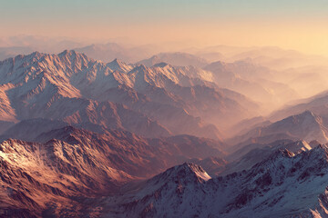 Aufkleber - Aerial view of snow-capped mountain range at sunset, showing layers of peaks and valleys bathed in warm light, conveying a sense of vastness, serenity and adventure