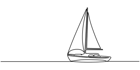Poster - Continuous one single minimal line drawing sailing, Sailboat continuous one line icon drawing on white background, Sea boat vector illustration in doodle style, one line drawing outline vector art.