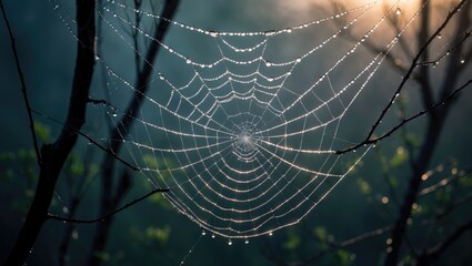 Dew drops resting on a spider web. Spider webs as art in nature. Ideas on hunting methods of animals. Horizontal format. Void of people.
