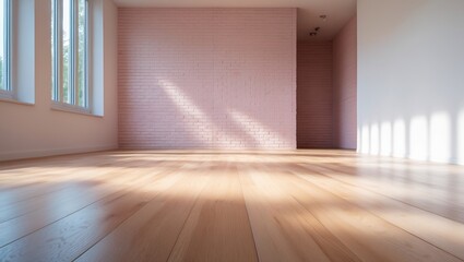 Poster - Bare wooden floor paired with a soft pink brick wall