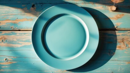 Poster - Light blue wooden table with an empty ceramic plate on top, seen from above. Space for text.