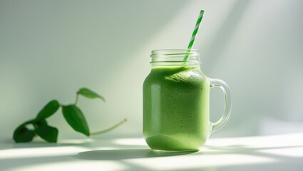 Aufkleber - Glass jar filled with green smoothies and a cocktail stick, emphasizing healthy eating