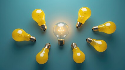 Poster - Yellow light bulbs suspended with one different glowing concept in the background, Minimalist idea, aerial shot