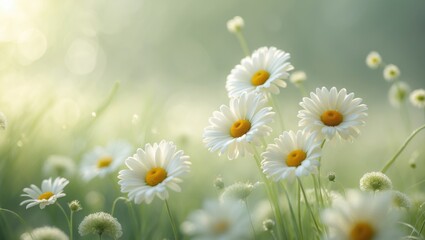 Aufkleber - Meadow with green grass and chamomile. Nature view featuring blooming white daisies in sunlight. Soft focus.