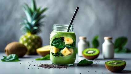 Aufkleber - Smoothie made with green spinach, banana, and kiwi featuring chia seeds and small bottles on a grey table