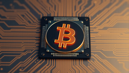Poster - Digital bitcoin currency symbol on computer chip cryptocurrency blockchain and financial technology