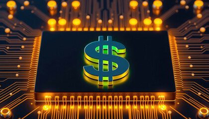 Poster - Financial technology abstract depicting money dollar symbol on computer chip surrounded by circuits