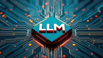 Poster - LLM technology integrated into complex circuit board with illuminated traces and central processing unit