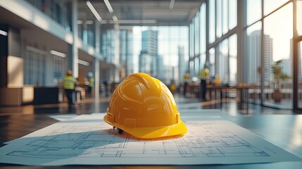 Yellow hard hat rests on construction plans in modern office.