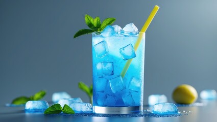 Aufkleber - Refreshing Mojito soda presented in a glass with a straw, side view on a gray backdrop
