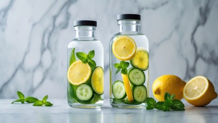 Aufkleber - Wellness, exercise, nutritious eating concept. Refreshing infused water, cocktail, detox beverage, lemonade in a glass jar for warm spring and summer days. Bright empty background.