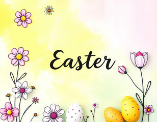 Poster - Floral illustration with colorful blossoms and painted eggs for spring celebration on soft background