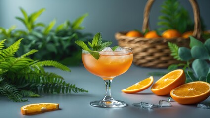 Aufkleber - Ice-filled champagne coupe glass showcasing a zesty orange cocktail on a table adorned with fruits and diverse plants, shallow depth of field.
