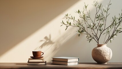 Poster - Sophisticated interior featuring a vintage vase with olive tree branches, a cup of coffee, and books on a wooden table. Still life of a living room with an empty wall for copy space. Contemporary