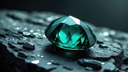 Poster - Emerald green oriental sapphire stone set against a dark rocky backdrop.