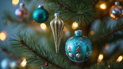 Aufkleber - Branches of a fir tree decorated with a blue glass bauble. This handmade bauble is painted with designs, and the blurred background shows other hanging items, like a glittery glass icicle.