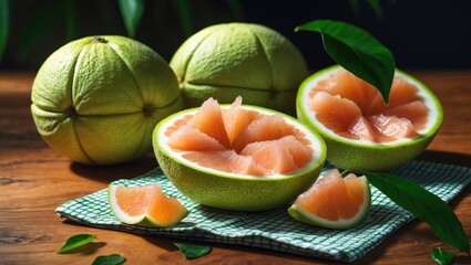 Aufkleber - Wooden background featuring pomelo fruit, peeled fresh green pomelo with pomelo skin and leaves from the tree, pummelo, grapefruit during summer tropical fruit season
