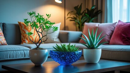 Poster - Table featuring a green plant vase and a colorful cushion on a gray couch