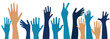 © Stockcraft Topper - Volunteers and charity work. Raised helping hands. Vector thin line icon illustrations with a crowd of people ready and available to help and contribute. Positive foundation, business, service.
