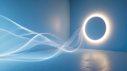 Poster - Studio Environment with Illuminated Circle on Wall, Great for Product Presentation and Display Use.
