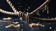 © Kultivad - Notion of threat and uncertainty illustrated by a damaged rope clinging on by its last fiber, placed on a dark background with room for writing.