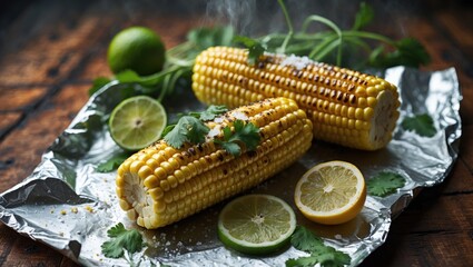 Poster - Wooden table featuring grilled corn topped with fresh green parsley