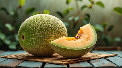 Aufkleber - Green Melon against a blurred green backdrop, Melon placed on a bamboo mat atop a wooden surface.