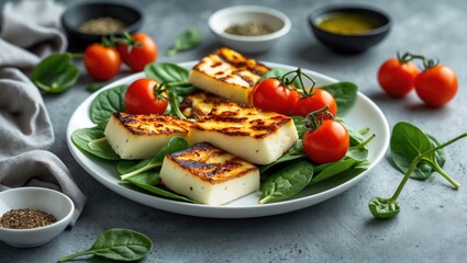 Poster - Tasty Grilled Cheese and Cherry Tomatoes, Appetizer, Salad, Lunch on Colorful Backdrop