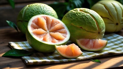 Aufkleber - Fresh green pomelo on wooden backdrop, peeled pomelo next to pomelo skin and leaves from the tree, pummelo, grapefruit in summertime tropical fruits