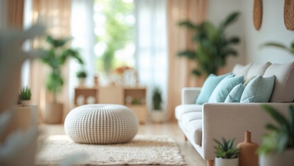 Poster - Blurred backdrop of a warm living room featuring light wood flooring, gentle cushions, and natural decorative elements, producing an inviting and tranquil setting.