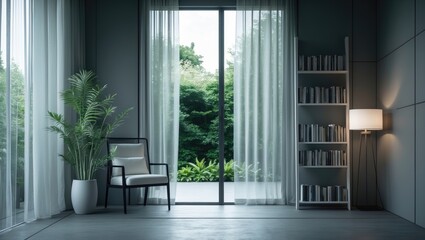 Aufkleber - Background of a grey wall featuring a window, a bookshelf adorned with a vase of plants, a chair, and lamp decor.