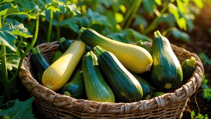 Poster - Reaping zucchini. Fresh squash stored in basket. Freshly collected squash from the garden.