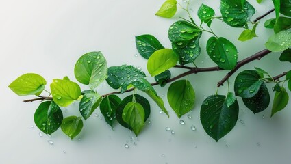 Aufkleber - Isolated green leaves branch with drop on background and clipping path.