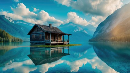 Aufkleber - A calm lake glimmers in the sunlight, encircled by impressive mountains. A lovely wooden retreat sits serenely at the water's edge, encouraging guests to unwind and take in the beautiful alpine