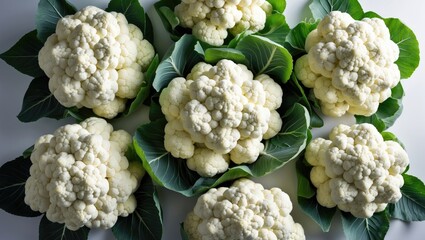 Aufkleber - Organic Cauliflower Heads with Green Leaves on a Background - Healthy Vegan Food Idea for Culinary and Nutritional Applications