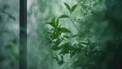 Aufkleber - Frosted glass with a green plant behind it