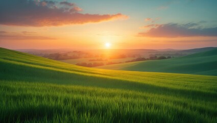 Poster - Green meadow during sunset