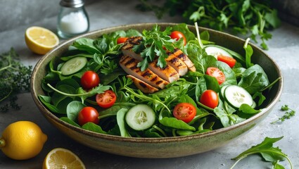 Poster - Healthy menu featuring grilled chicken breast, fillet, and fresh vegetable salad.