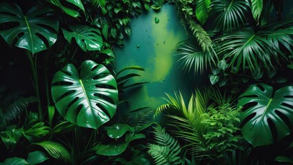 Aufkleber - Background of tropical green leaves featuring ferns, palms, and foliage on a wall with dark tones, close-up of a floral jungle pattern concept