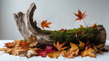 Poster - Yellow leaves and green moss on a decomposed tree stump